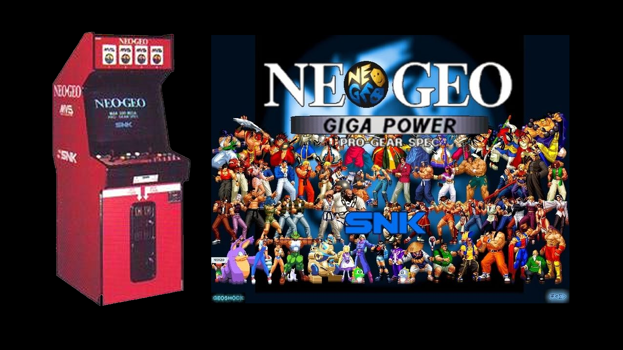Red Neo Geo arcade cabinet with character collage